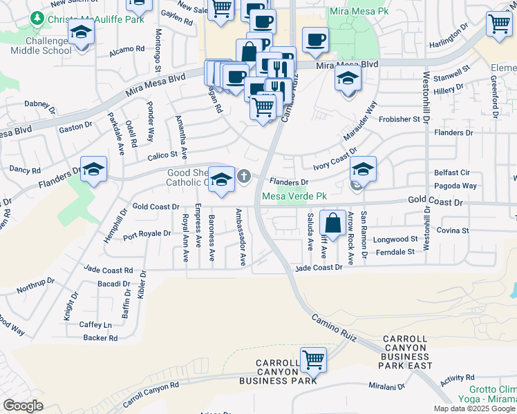 map of restaurants, bars, coffee shops, grocery stores, and more near Camino Ruiz & Gold Coast Dr in San Diego