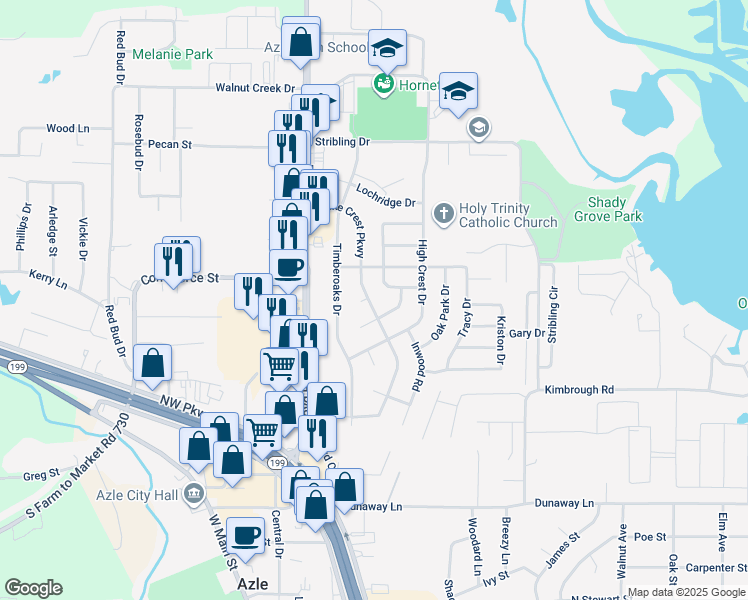 map of restaurants, bars, coffee shops, grocery stores, and more near 720 Lake Crest Parkway in Azle