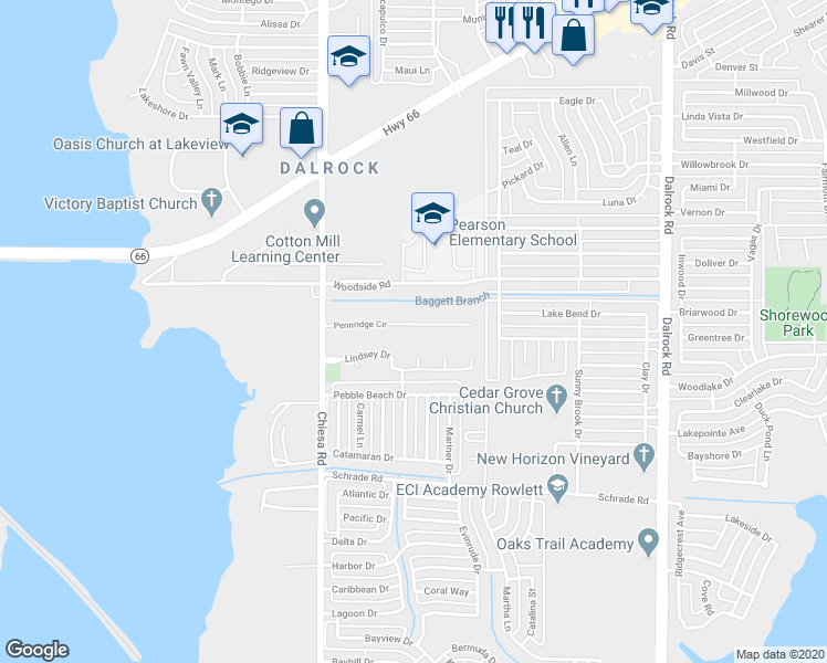 map of restaurants, bars, coffee shops, grocery stores, and more near 7706 Pennridge Circle in Rowlett