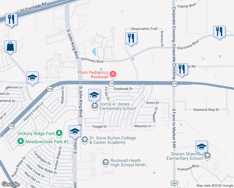 map of restaurants, bars, coffee shops, grocery stores, and more near 2450 Wagonwheel Dr in Rockwall