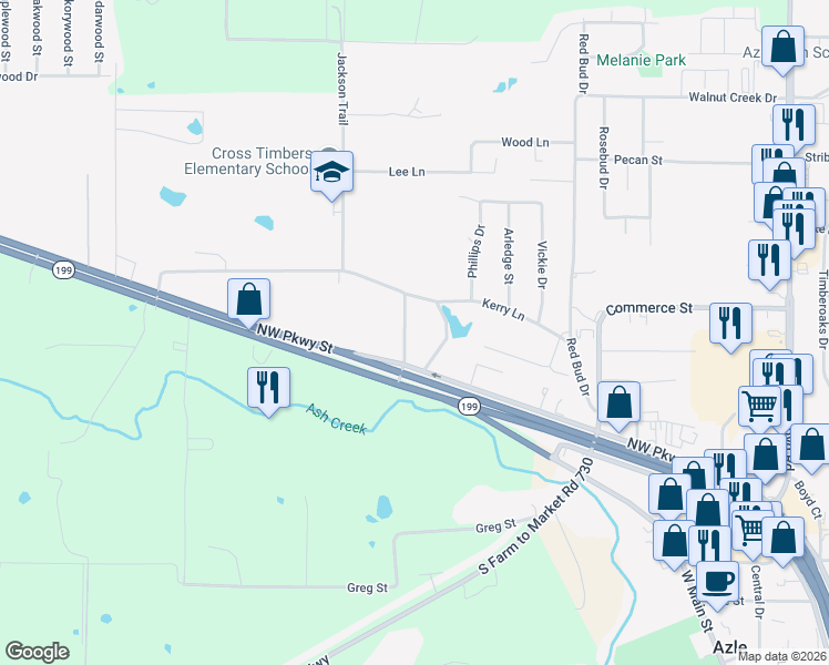 map of restaurants, bars, coffee shops, grocery stores, and more near 117 Westline Road in Azle