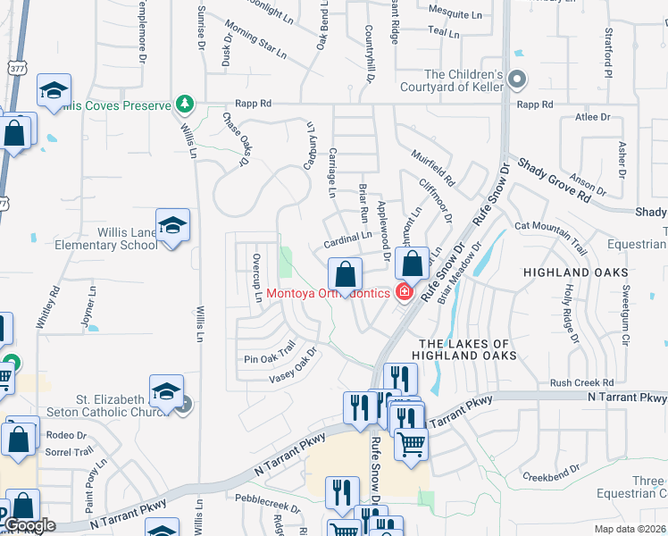 map of restaurants, bars, coffee shops, grocery stores, and more near 604 Shady Bridge Lane in Keller