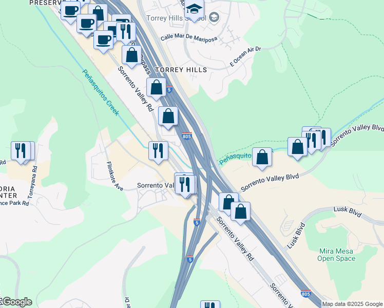 map of restaurants, bars, coffee shops, grocery stores, and more near San Diego Freeway in San Diego