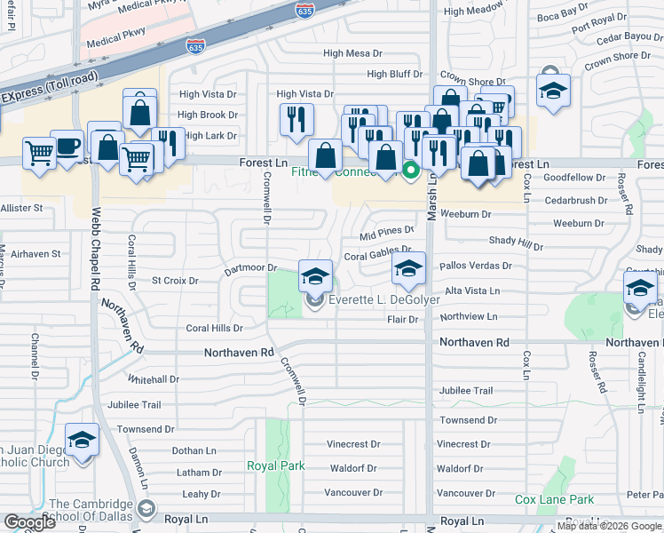 map of restaurants, bars, coffee shops, grocery stores, and more near 11505 Sonnet Drive in Dallas