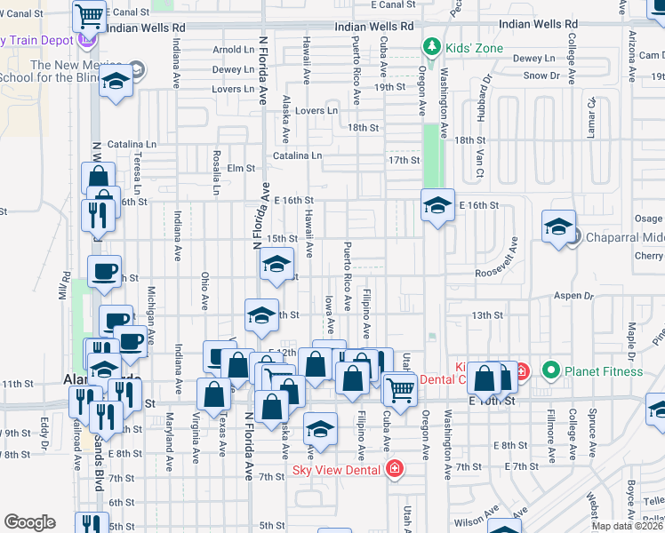 map of restaurants, bars, coffee shops, grocery stores, and more near 1405 Lulu Avenue in Alamogordo