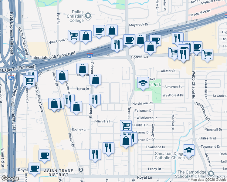 map of restaurants, bars, coffee shops, grocery stores, and more near 2775 Northaven Road in Dallas