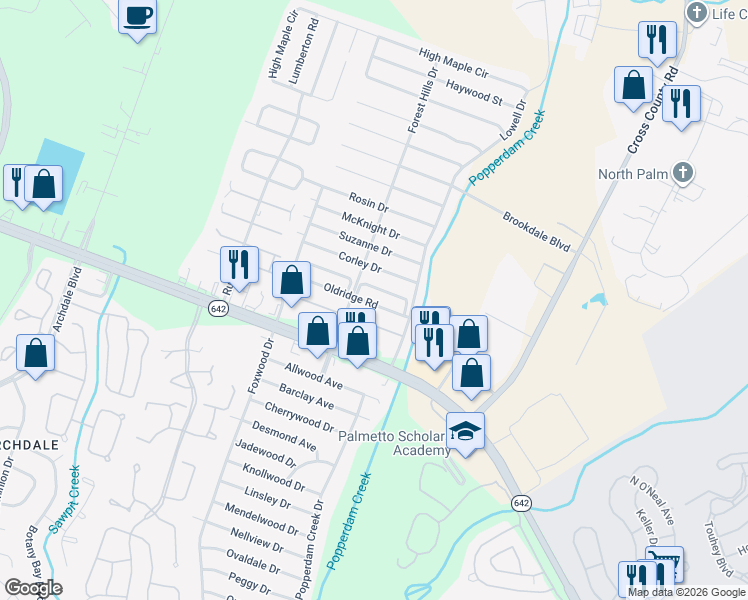 map of restaurants, bars, coffee shops, grocery stores, and more near 7674 Oldridge Road in North Charleston