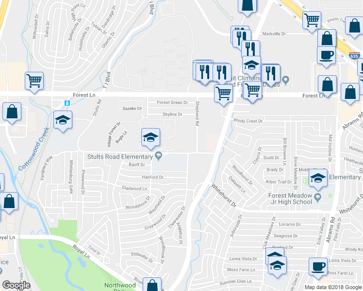 map of restaurants, bars, coffee shops, grocery stores, and more near 8817 Stults Road in Dallas