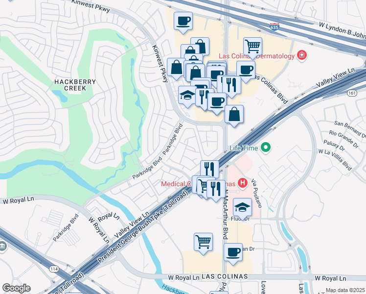 map of restaurants, bars, coffee shops, grocery stores, and more near 7300 Parkridge Boulevard in Irving