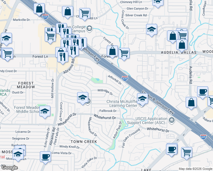 map of restaurants, bars, coffee shops, grocery stores, and more near 9606 Timberleaf Drive in Dallas