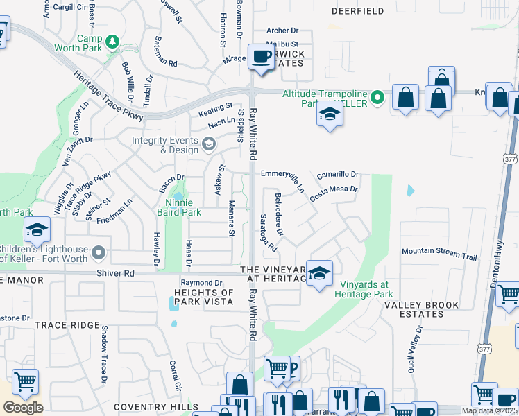 map of restaurants, bars, coffee shops, grocery stores, and more near 9121 Saratoga Road in Fort Worth