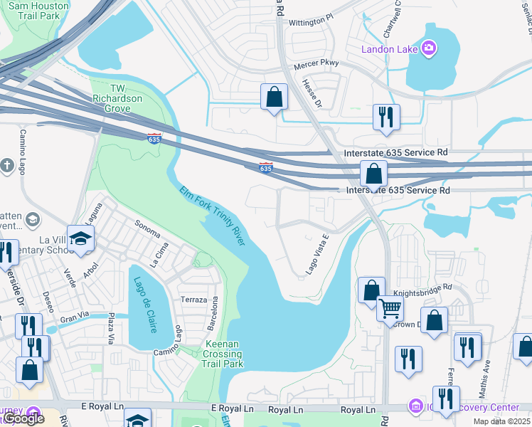 map of restaurants, bars, coffee shops, grocery stores, and more near 11701 Mira Lago Boulevard in Farmers Branch