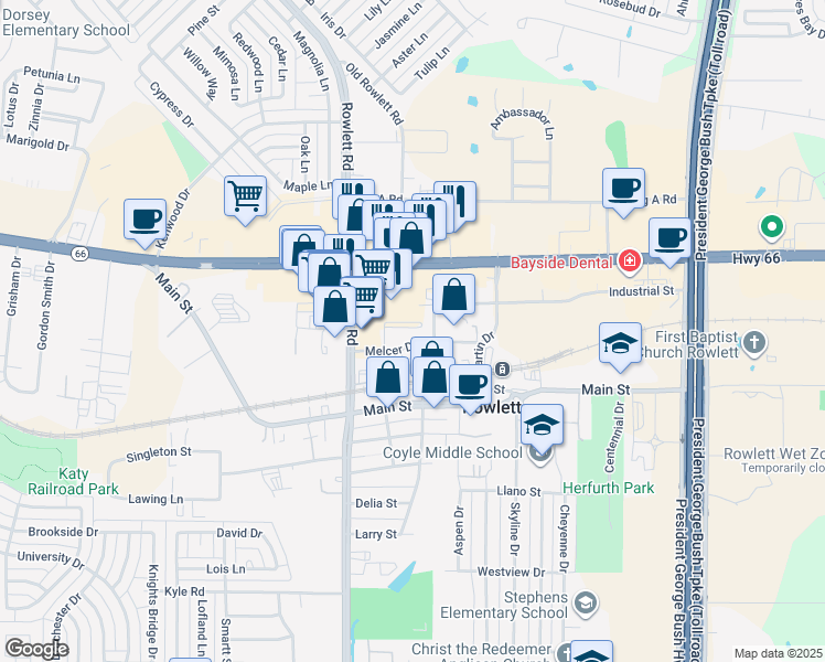 map of restaurants, bars, coffee shops, grocery stores, and more near 3705 Melcer Drive in Rowlett