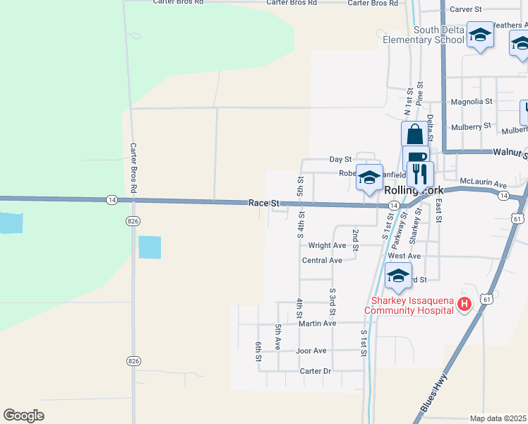 map of restaurants, bars, coffee shops, grocery stores, and more near 497 Race Street in Rolling Fork