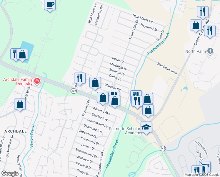 map of restaurants, bars, coffee shops, grocery stores, and more near 7674 Oldridge Road in North Charleston