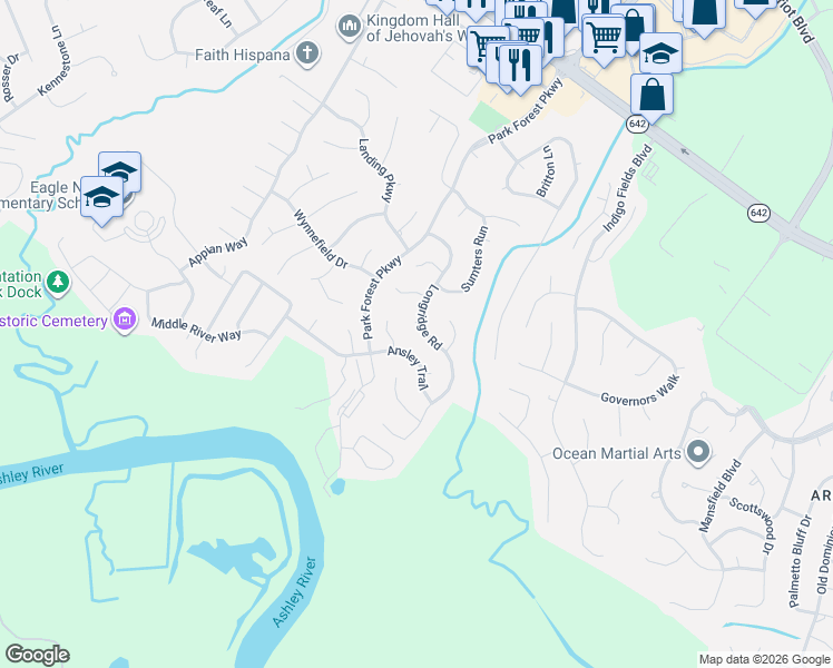 map of restaurants, bars, coffee shops, grocery stores, and more near 8341 Longridge Road in Charleston