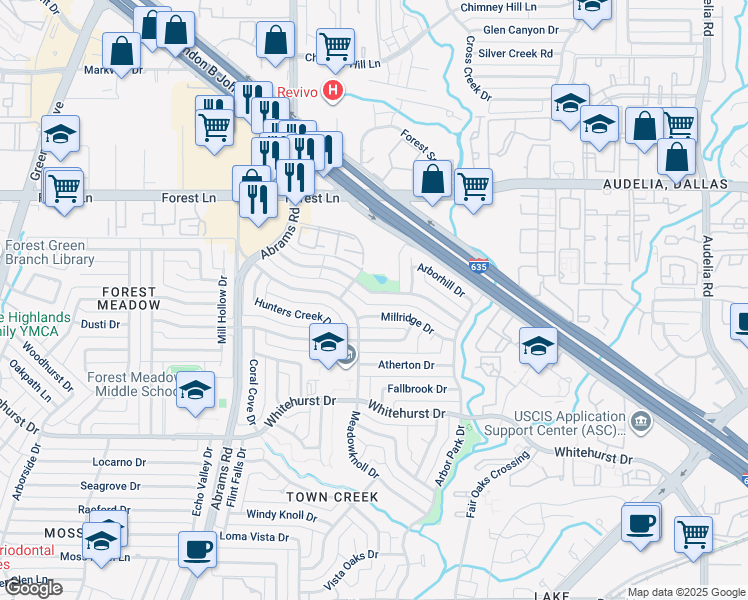 map of restaurants, bars, coffee shops, grocery stores, and more near 9518 Timberleaf Drive in Dallas
