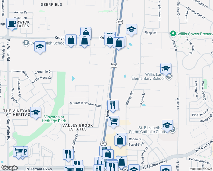 map of restaurants, bars, coffee shops, grocery stores, and more near 1625 South Main Street in Keller