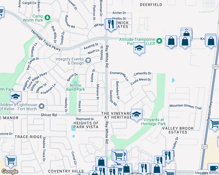map of restaurants, bars, coffee shops, grocery stores, and more near 9121 Saratoga Road in Fort Worth