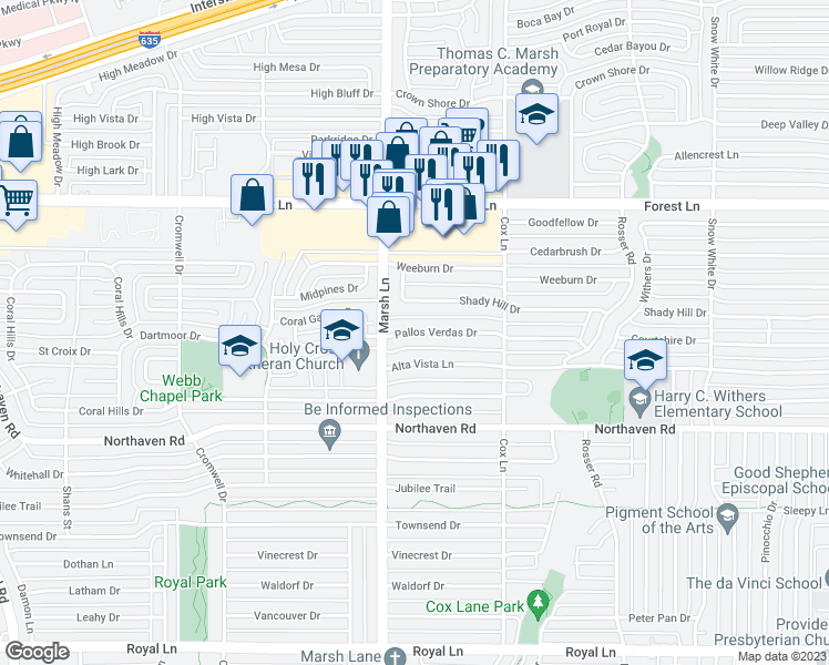 map of restaurants, bars, coffee shops, grocery stores, and more near 3728 Pallos Verdas Drive in Dallas