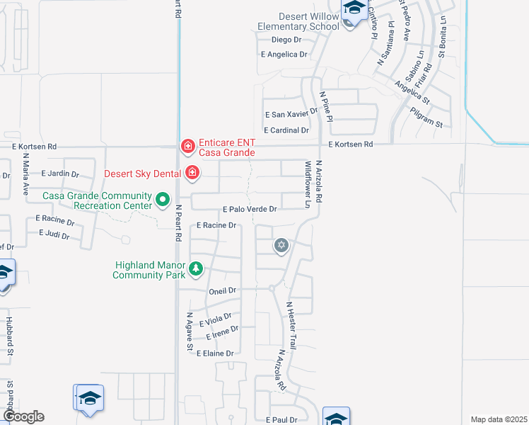 map of restaurants, bars, coffee shops, grocery stores, and more near 1629 East Palo Verde Drive in Casa Grande