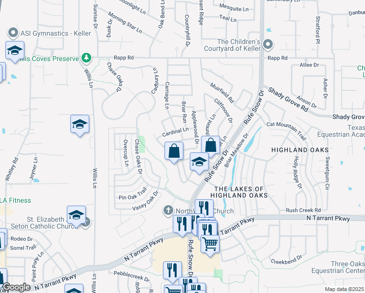 map of restaurants, bars, coffee shops, grocery stores, and more near 621 Willowwood Trail in Keller