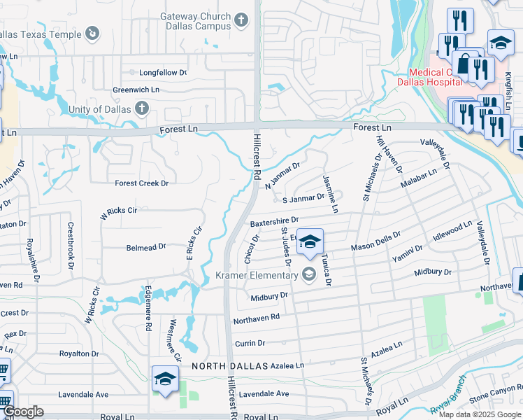 map of restaurants, bars, coffee shops, grocery stores, and more near 11514 Hillcrest Road in Dallas