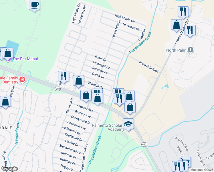 map of restaurants, bars, coffee shops, grocery stores, and more near 7631 Valleyview Circle in North Charleston