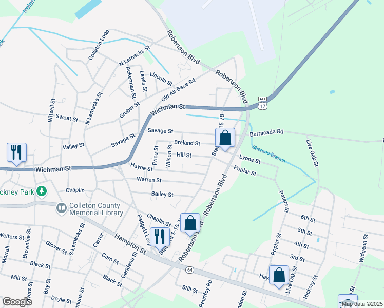 map of restaurants, bars, coffee shops, grocery stores, and more near 317 Hill St in Walterboro