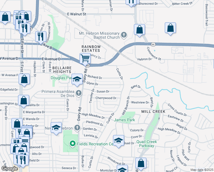 map of restaurants, bars, coffee shops, grocery stores, and more near 1034 Glynn Drive in Garland