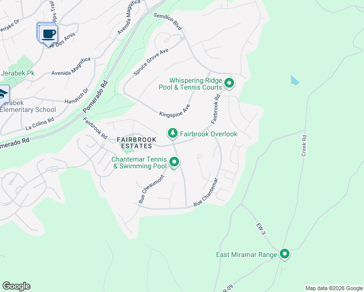 map of restaurants, bars, coffee shops, grocery stores, and more near 12565 Fairbrook Road in San Diego