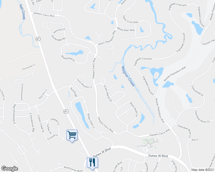 map of restaurants, bars, coffee shops, grocery stores, and more near 2101 Short Grass Court in Mount Pleasant