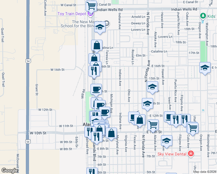 map of restaurants, bars, coffee shops, grocery stores, and more near 1411 Michigan Avenue in Alamogordo