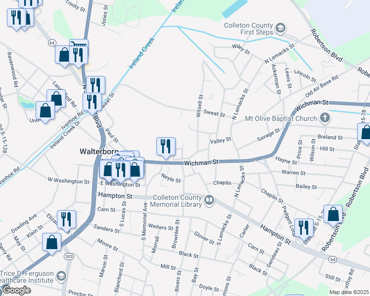 map of restaurants, bars, coffee shops, grocery stores, and more near 312 North Miller Street in Walterboro