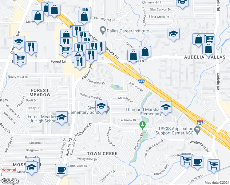 map of restaurants, bars, coffee shops, grocery stores, and more near 9518 Timberleaf Drive in Dallas