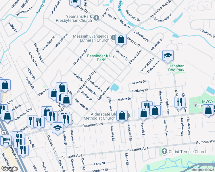 map of restaurants, bars, coffee shops, grocery stores, and more near 1204 Dickson Ave in Hanahan