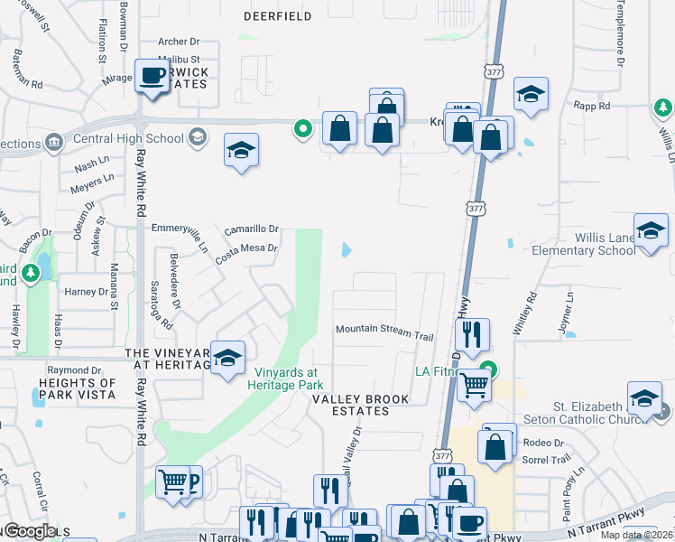 map of restaurants, bars, coffee shops, grocery stores, and more near 5721 Dunraven Trail in Fort Worth