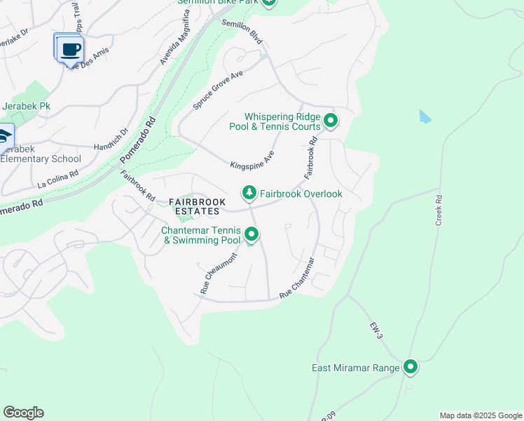 map of restaurants, bars, coffee shops, grocery stores, and more near 12565 Fairbrook Road in San Diego