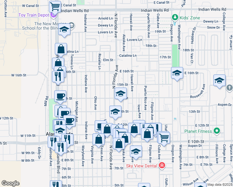 map of restaurants, bars, coffee shops, grocery stores, and more near 1404 North Florida Avenue in Alamogordo