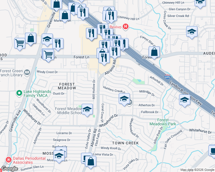 map of restaurants, bars, coffee shops, grocery stores, and more near 9357 Hunters Creek Drive in Dallas
