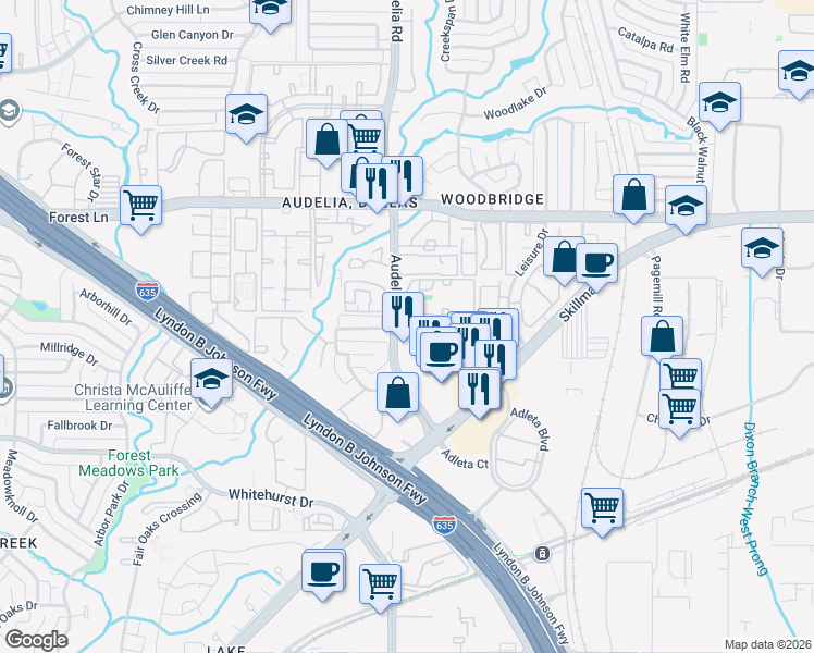 map of restaurants, bars, coffee shops, grocery stores, and more near 11450 Audelia Road in Dallas