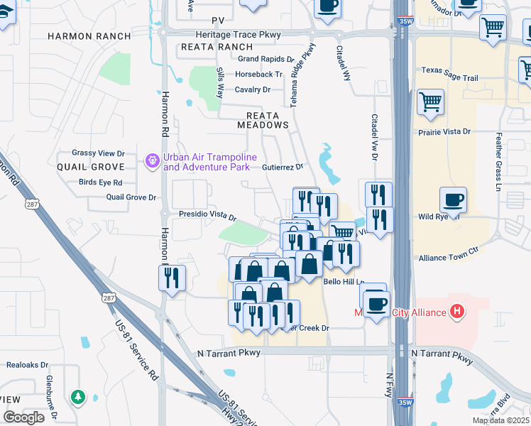 map of restaurants, bars, coffee shops, grocery stores, and more near 2301 Presidio Vista in Fort Worth