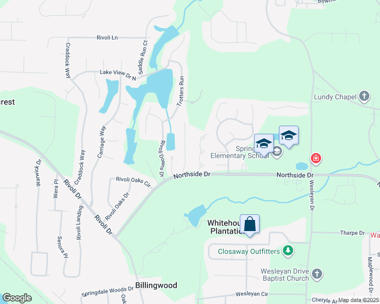 map of restaurants, bars, coffee shops, grocery stores, and more near 133 North Springs Court in Macon