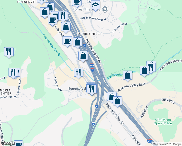 map of restaurants, bars, coffee shops, grocery stores, and more near 11189 Sorrento Valley Road in San Diego