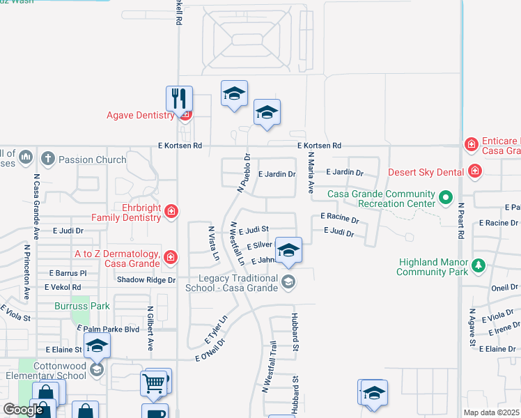 map of restaurants, bars, coffee shops, grocery stores, and more near 1224 East Palo Verde Drive in Casa Grande