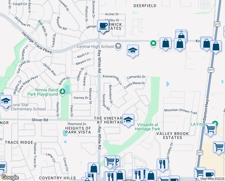map of restaurants, bars, coffee shops, grocery stores, and more near 9112 Belvedere Drive in Fort Worth