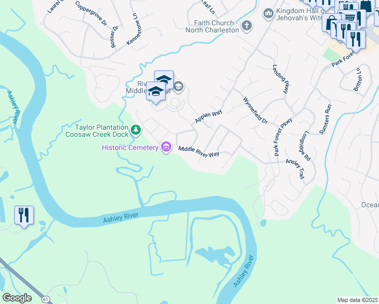 map of restaurants, bars, coffee shops, grocery stores, and more near 8467 Middle River Way in North Charleston