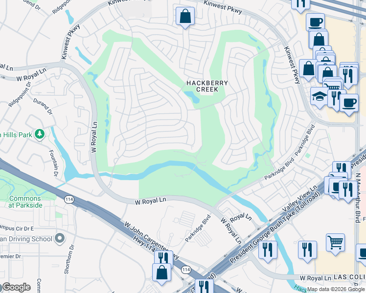 map of restaurants, bars, coffee shops, grocery stores, and more near 2144 Creekside Circle North in Irving