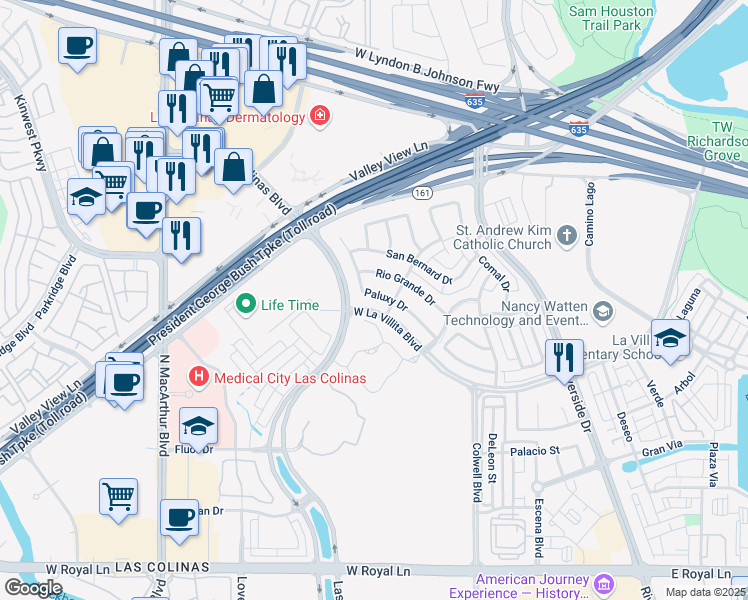 map of restaurants, bars, coffee shops, grocery stores, and more near 408 Paluxy Drive in Irving