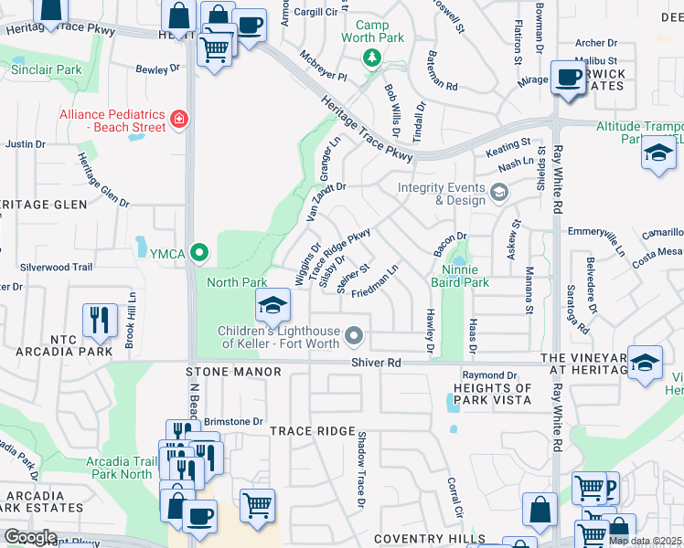 map of restaurants, bars, coffee shops, grocery stores, and more near 9013 Steiner Street in Fort Worth